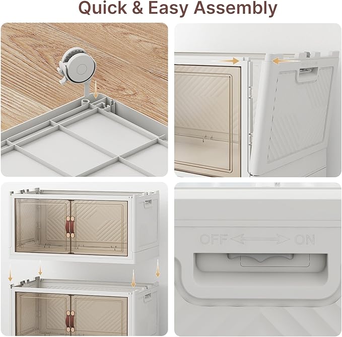 UAMFURI Stackable Storage Bins with Lids, 384QT Closet Organizers, Lockable Storage Cabinet，Foldable Storage Box with Doors and Wheels, Plastic Drawers for Home, Garage, Office (8, White, Medium)