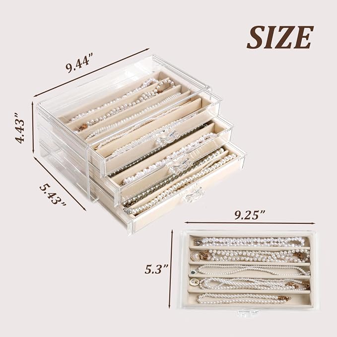CLUQMEIK Necklace Organizer Box with Clear Lid, Dustproof Velvet Jewelry Holder Storage Display Case, Stackable Acrylic Necklace Tray Drawer Insert for Women and Girls (Beige,3 Drawers)