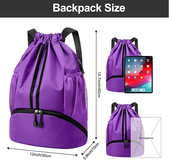 Hoedia Sports Drawstring Backpack - String Swim Gym Bag with Shoes Compartment and Wet Proof Pocket for Women and Men