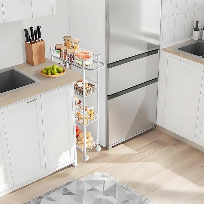 Utility Slim Storage Cart, 4-Tier Storage Cart, Narrow Cart with Handle, 7.1 Inches Deep, Metal Frame, for Kitchen, Dining Room, Living Room, Home Office, Rustic Brown and Classic (4 Tier White)