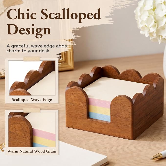 AceOrbit Scalloped Wooden Sticky Note Holder, 3x3 Inch Cute Notepad Holder Sticky Note Dispenser with Wave Design, Thick Desk Organizer for Office, Home, Dorm, Classroom Desk