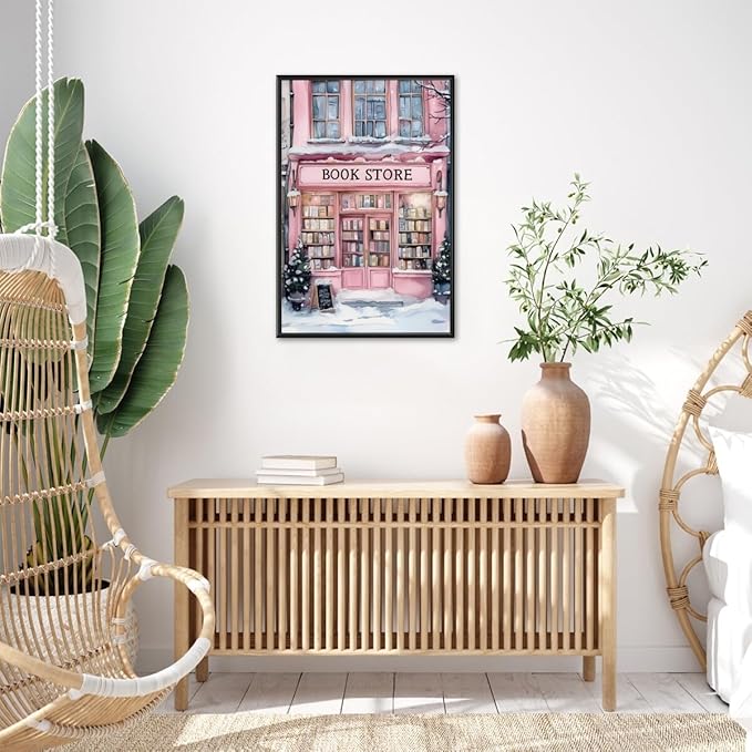 Winter Bookshop Snowy Art Aesthetic Poster Canvas Wall Art Decoration Living Room Home Decor Bedroom Decoration Poster black framed16x24inch