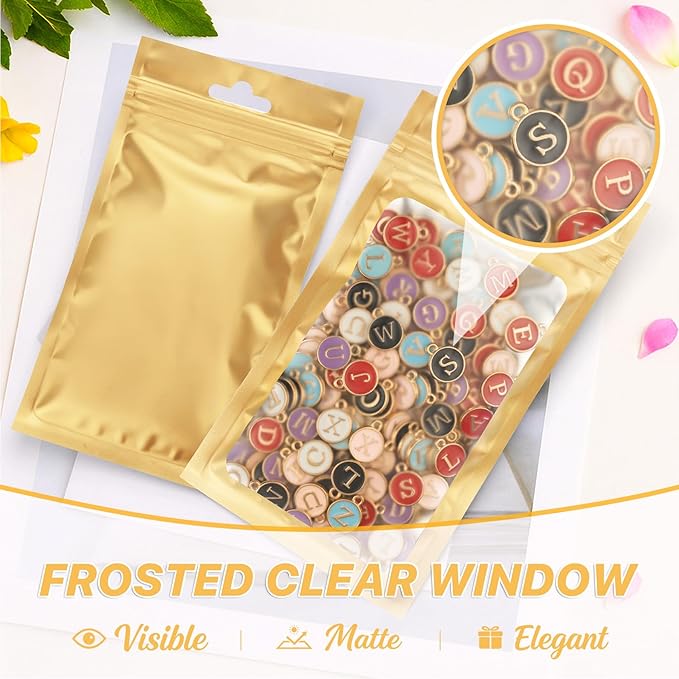 ANZNKU 100 PCS Resealable Mylar Bags with Frosted Clear Window Packaging Bags Foil Pouch Zipper Bag for Food Self Sealing Storage Supplies (5.12x8.27, Light Gold)