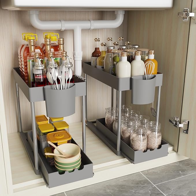 2 Pack Under Sink Organizers and Storage, 2-Tier Sliding Cabinet Organizer Drawer for Bathroom and Kitchen – Multi-Purpose Cabinet Organizer with Easy Pull-Out Design (Grey)