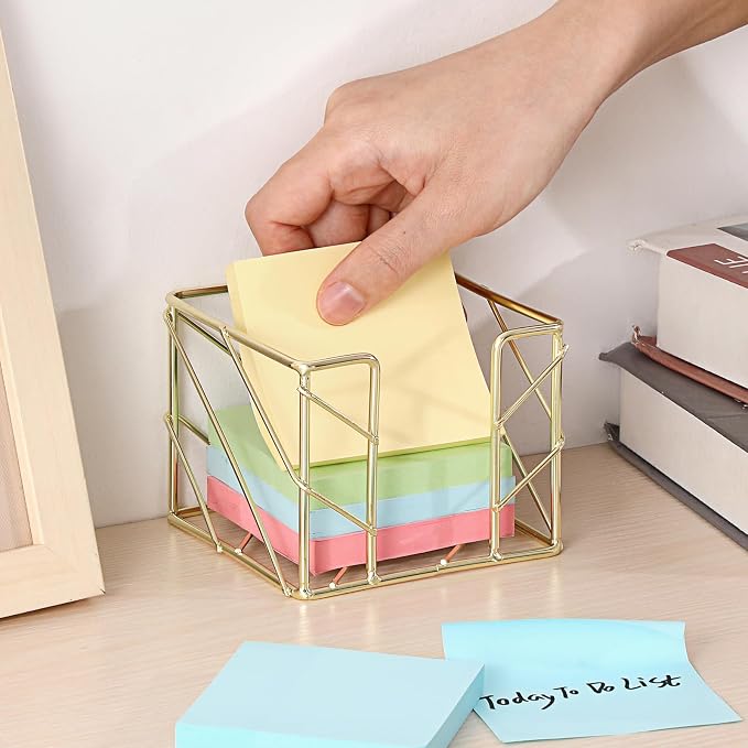 BTSKY Metal Sticky Note Holder, 3x3 Inch Post It Note Dispenser, Modern Memo Cube Holder Desk Organizer for Office & Home, Iron Sturdy Desktop Sticky Note Storage, Gold