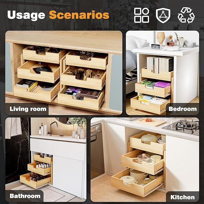Pull Out Cabinet Organizer, 26''W×21''D Sliding Drawers for Cabinets, 3 Tier Soft Close Slide Out Wooden Pull out Drawers, Base Cabinet Organization for Kitchen, Pantry, Bathroom.