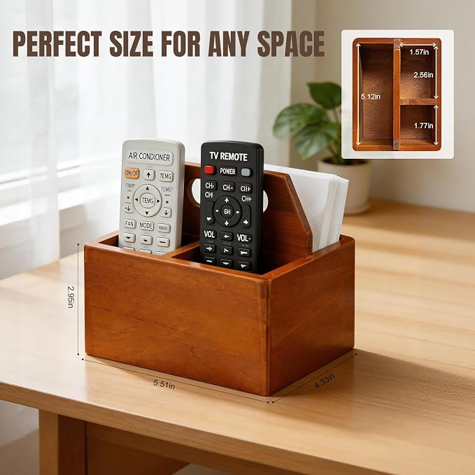 DAWASAPAT Acacia Wood Remote Control Holder with Handle, Desk Organizer with 3 Compartments, Wood TV Stand Decor, Easy Storage TV Remote Holder for Living Room, Bedside Caddy, Office Supplies