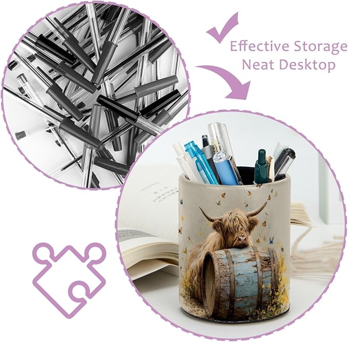 Faux Leather Pen Holder for Desk, Pencil Organizer Highland Cow Pen Cup Desk Decor Makeup Brush Holder Storage for Office Home