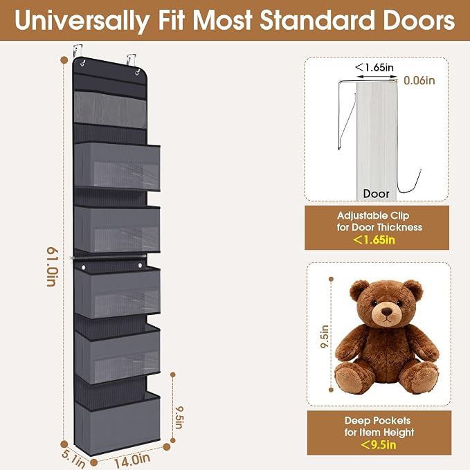 WISELIFE 6-Tier Over The Door Organizer Storage Detachable Design Door Hanging Storage Organizer with Clear Window Behind The Door Storage for Nursery Bedroom Bathroom Pantry Closet Dark Grey