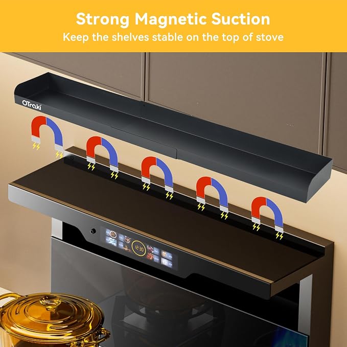 OTraki Magnetic Stove Top Shelf Spice Rack for Stove Adjustable 16-32 inch Stainless Steel Over the Stove Shelf Magnetic Rack Seasoning Organizer with 4 Hook Black | Stainless Steel Over the Stove Shelf Magnetic Rack Seasoning Organizer with 4 Hook Black