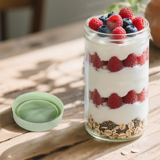 SHOWIN Overnight Oats Containers with Lids, 24oz Glass Jars with Lids 2 pcs, Light Green, Wide Mouth Mason jars for Salad, Yogurt, Snacks, Meal Prep