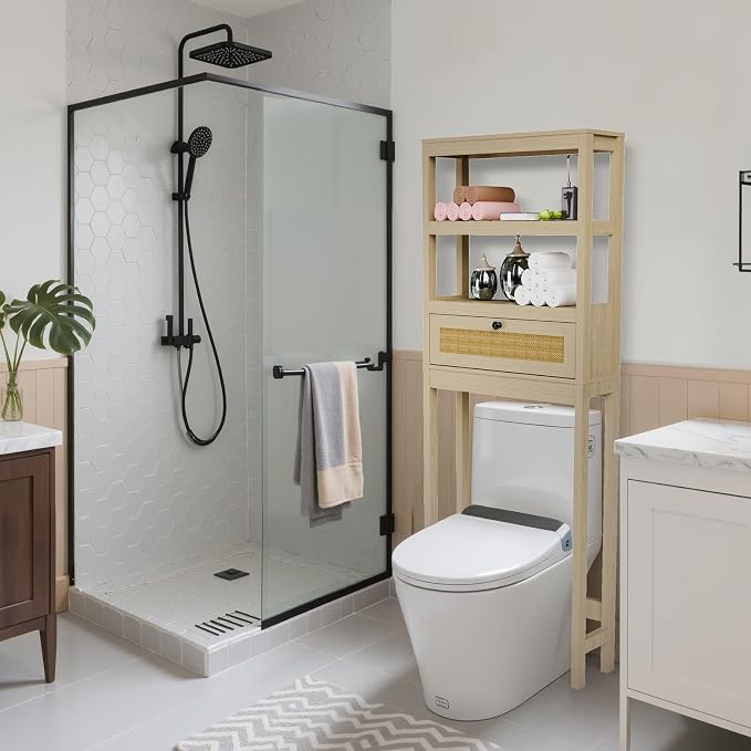 Over Toilet Storage Cabinet with Barn Door & Adjustable Shelves | 24 Inch Wide Bathroom Organizer, Space-Saving, Sturdy Wood, Anti-Tipping, Easy Assembly, for Restroom, Laundry, Small Spaces