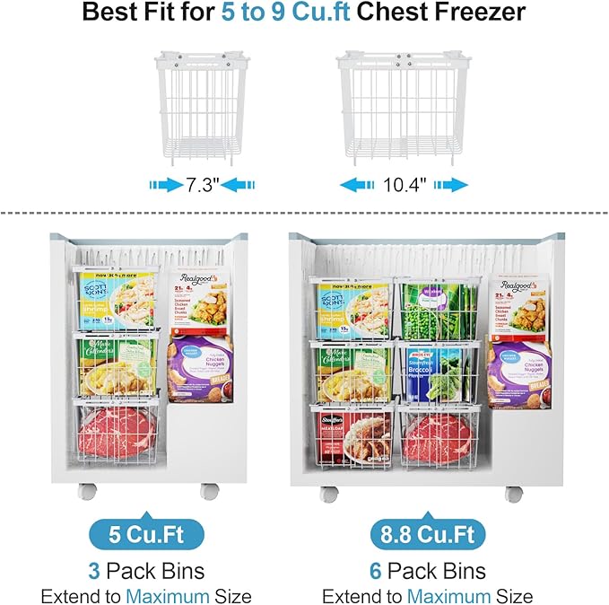 iSPECLE Freezer Organizer Bins - 6 Pack Adjustable Width for 5 to 7 Cu.Ft Chest Freezers, Stackable Wire Storage Baskets, Assembly Required, White