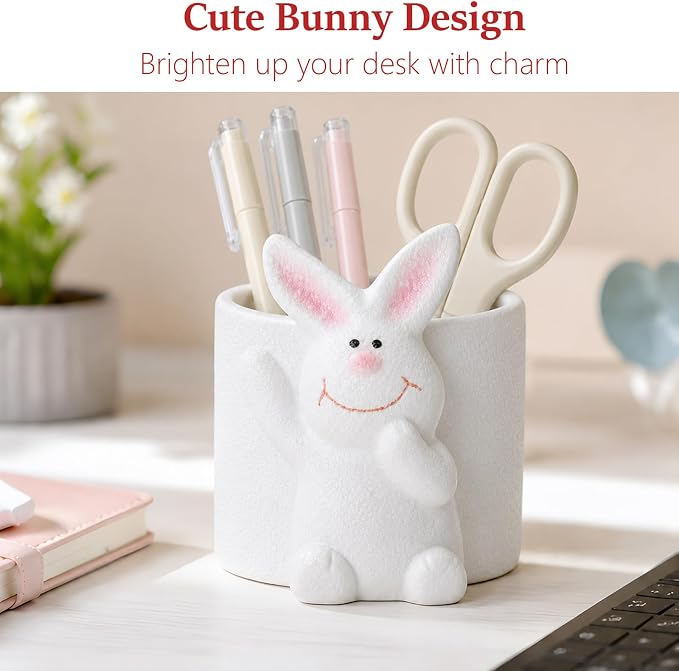 Ceramic Rabbit Shaped Pen Pencil Holder for Desk Decoration Accessories Rabbit Decor Makeup Brush Pen Cups Office School Ideal Gifts for Women, Mom or Birthdays (Round Rabbit)