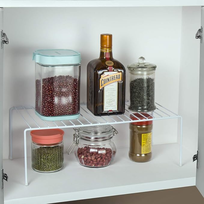 Lonian Kitchen Cupboard Organiser, Home and Kitchen Storage Shelf Wire Rack Made of Metal for Kitchen Cabinets, Counter-Tops, Pantries, Food and Utensils - White (Pack of 2)