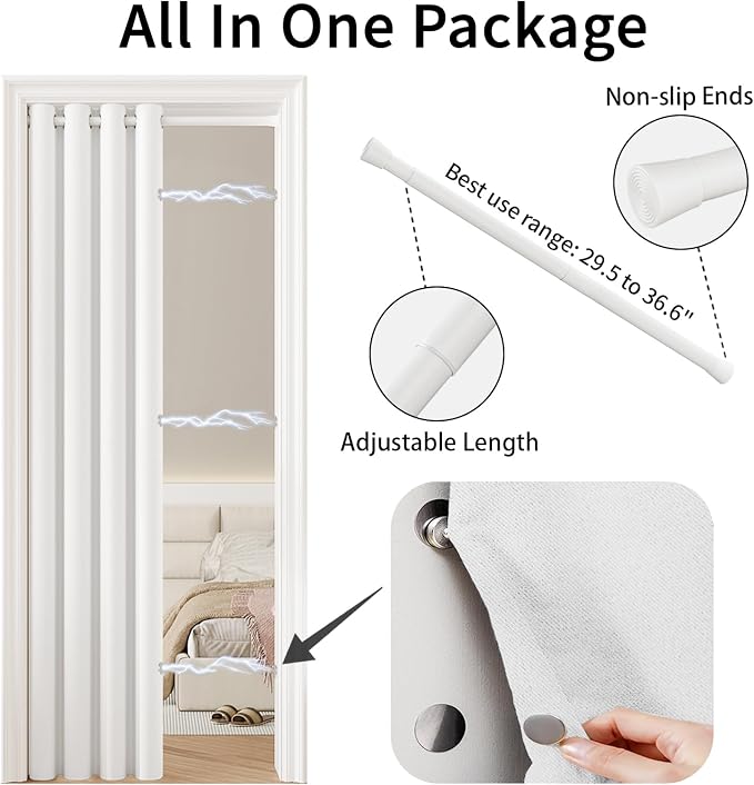 Vatge Magnetic Doorway Curtains with Rod - W42 x L80, 1 Panel, Grayish White, Light Filtering Door Curtain, Closet Door Alternatives, Easy to Install
