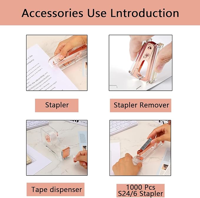 suniya Office Supplies,Desk Accessories,with Stapler,Tape Dispenser,Staple Remover,Scissor,Ballpoint Pen,Clear Tape,Staples,Binder,Best Gift Set(Rose Gold)
