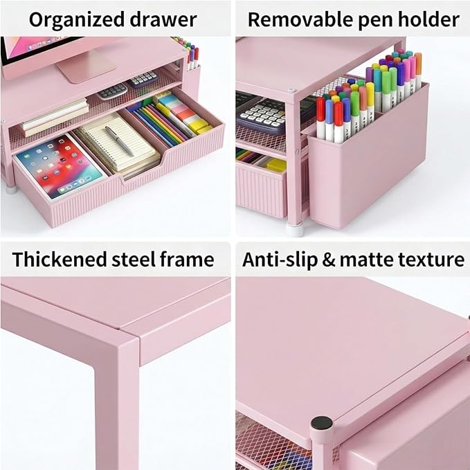 ECOLOVI Desk Organizer and Accessories, 2-Tier Computer Monitor Stand Rise with Storage Drawer & 2 Pen Holders, Laptop & Printer Stand for Desktop, Workspace Organizers for Office Supplies (Pink)