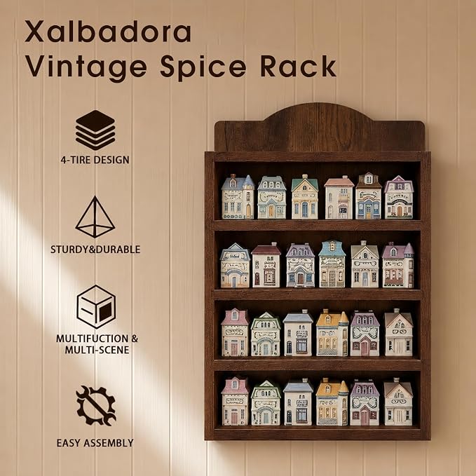 Vintage Spice Rack Wall Mounted, 4 Tier Wooden Spice Organizer Shelf for 24 House-Shaped Jars, Farmhouse Kitchen Decor Display Shelf, Rustic Brown
