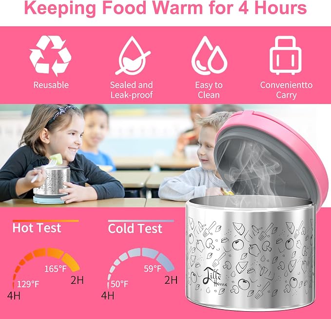 Lille Home Stainless Steel Thermal Lunch Box Set with Lunch Bag and Cultery | 22 Oz Vacuum Insulated Lunch Bento Box, to Keep Food Warm/Cool, 2 Small Food Container for Snack, Fruits and Sauces (Pink)