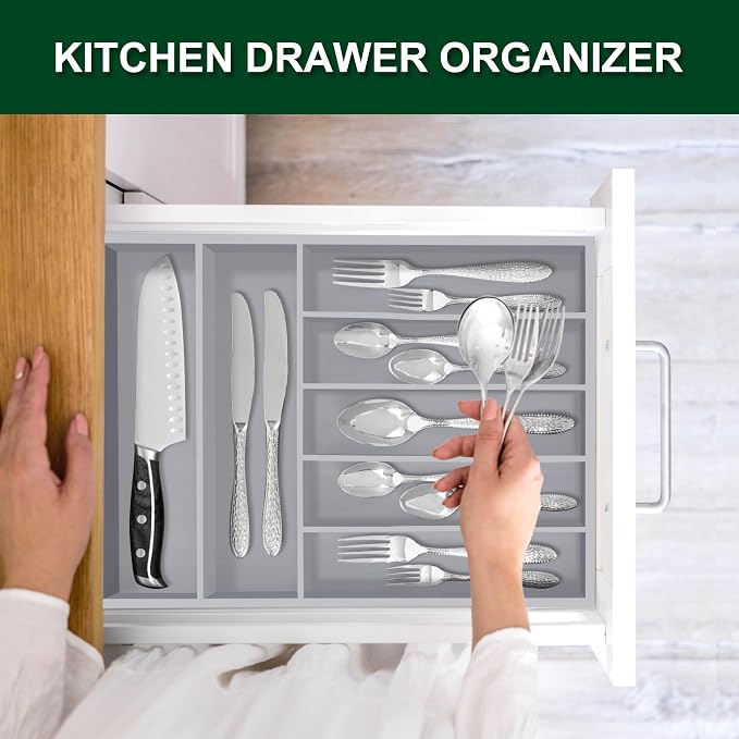Utensil Organizer 13'' Silverware Drawer Organizer Cutlery Kitchen Bamboo | Natural Bamboo Gray, 7 Compartment, Durable, Small Narrow Organizer, Silverware Tray, Utensil Holder, Silverware Organizer