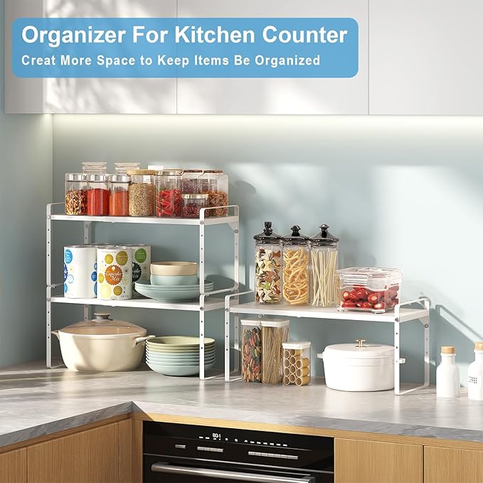 15.5 to 25.5 Inch Kitchen Cabinet Shelf Organizers, Adjustable Kitchen Counter Shelf Organizer, Set of 4 Expandable Countertop Storage Shelves, Stackable Design, 30LBS Heavy Duty, Space Saver