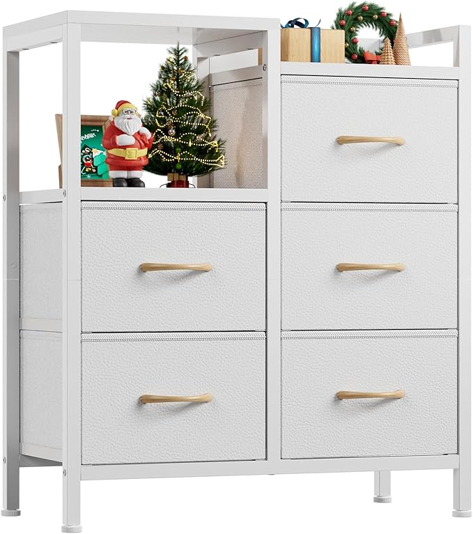 Furnulem White Dresser for Bedroom, 5 Drawer Small Fabric Closet Dresser | Small Chest of Drawers, Storage Cabinet Organizer with 2 Tier Shelf, Closet Drawer Units with Metal Frame, Dresser for Dorm