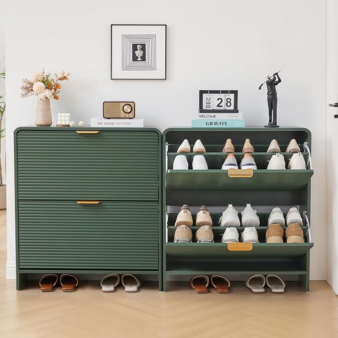 RARZOE Fluted Shoe Cabinet Storage for Entryway, 29.5'' Green | Curved Shoes Storage Cabinet with 2 Flip Drawers, Narrow Hidden Shoe Organizer Shoe Rack For Bedroom, Foyer, Hallway