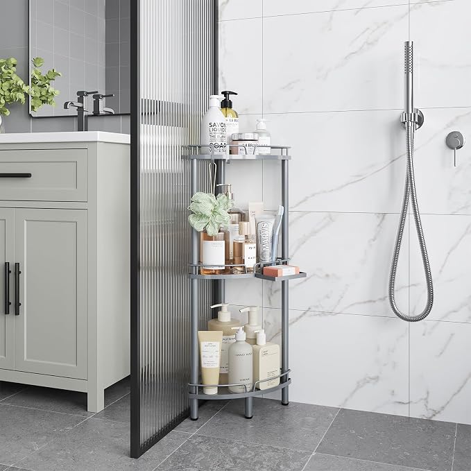 ELYKEN Corner Shower Caddy Standing, 3 Tier Rustproof Metal Shower Organizer with Soap Holder, Floor Shower Corner Shelf Rack Storage Stands with Adjustable Feet & 2 Hooks for Bathroom, Silver