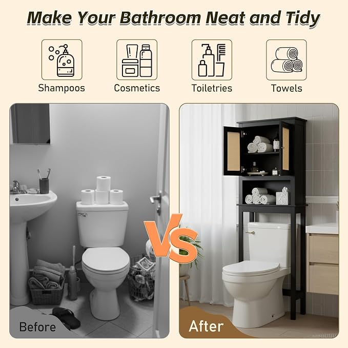 Over Toilet Storage Cabinet with Barn Door & Adjustable Shelves | 24 Inch Wide Bathroom Organizer, Space-Saving, Sturdy Wood, Anti-Tipping, Easy Assembly, for Restroom, Laundry, Small Spaces