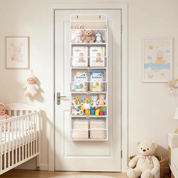 Univivi Over the Door Organizer for Baby Essential, 5-shelf, Light Beige | Fabric Baby Door Storage, Large Compartments and Mesh Side Pockets, Storage for Baby Nursery, Laundry, Bedroom and Bathroom