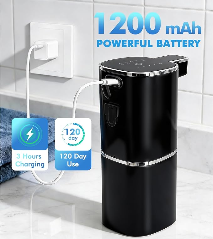 RYTOXILO Automatic Foaming Soap Dispenser Touchless, 2 Pack Black Auto Foam Soap Dispensers for Bathroom and Kitchen, 15 Fl Oz Plastic Electric Dish Foamy Dispensers Wall Mount with 1200 mAh Battery