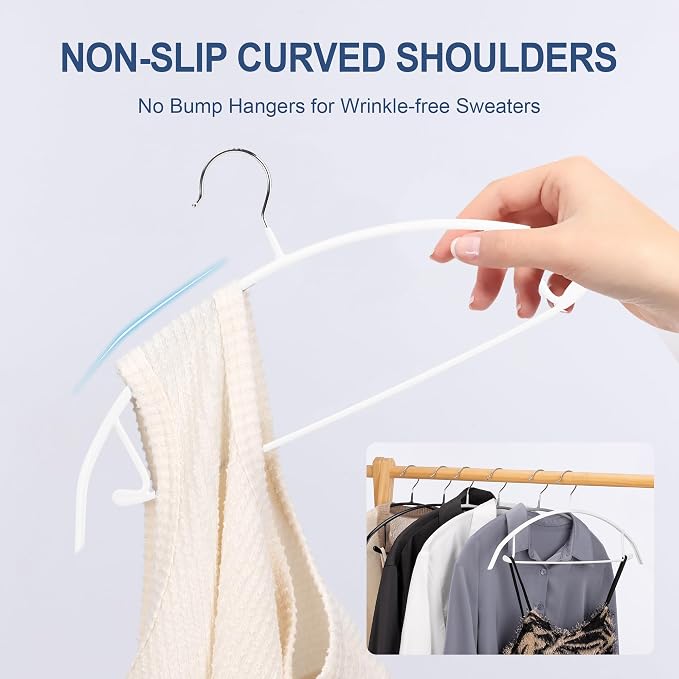 Sweater Hangers No Shoulder Bump, Non-Slip Rubber & Rust-Free Metal | Heavy Duty and Ergonomic Curved for Closet Clothes like Suits Coats Pants Dresses or Shirts, Set of 20, White Coated