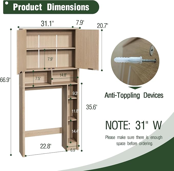 AKMAKM 31''W Over the Toilet Storage Cabinet with Fluted Door, Oak Bathroom Organizer with Adjustable Shelf, 67''H Tall Natural Toilet Paper Holder Stand Wave Door for Restroom, Laundry Room