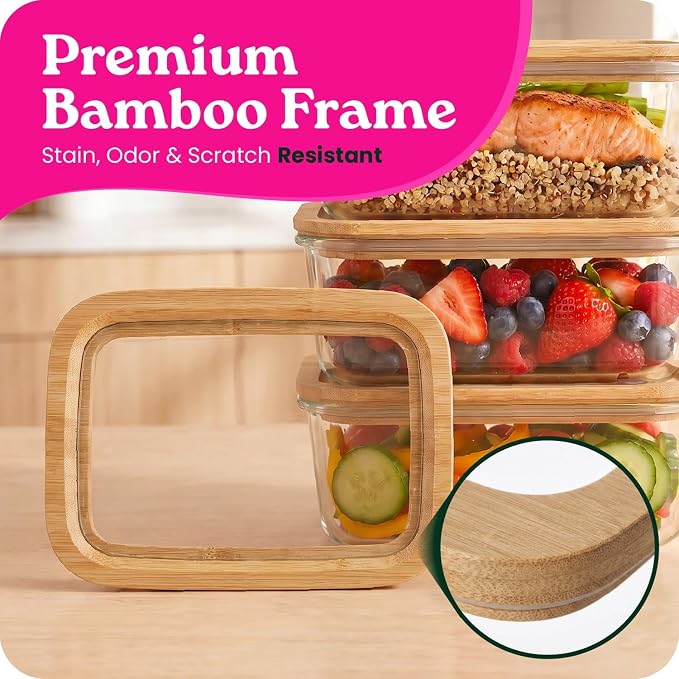 6-Pack Glass Food Storage Containers with Clear-Top Bamboo Lids – Plastic Free 27 Oz Glass Meal Prep Containers for Lunch, Eco Friendly Airtight Food Storage, Microwave & Oven Safe