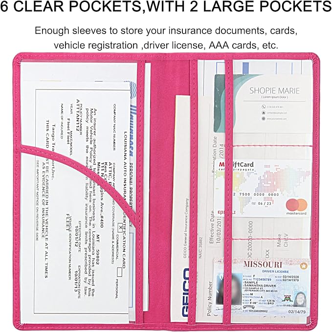 LumiMokki Premium Car Registration & Insurance Card Holder with Magnetic Shut, Vehicle Glove Box Car Organizer - For Documents, Cards, License (Rose red)