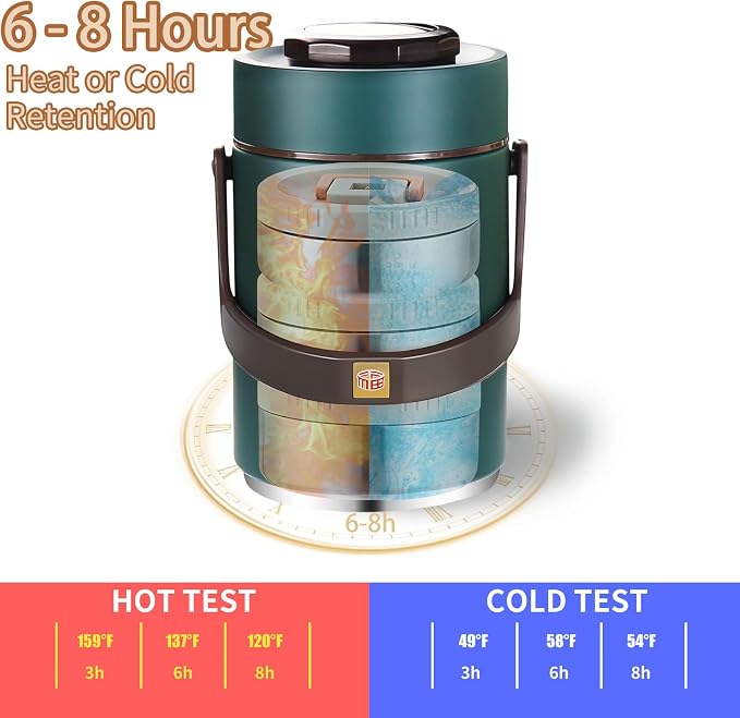 67 oz Adults Stainless Steel Vacuum Insulated Wide Mouth Soup Food Thermo Hot Food Jar with Keep Thermal Portable 3 Tier Stackable Bento Hot Food Containers Lunch Boxes (67 oz Green)