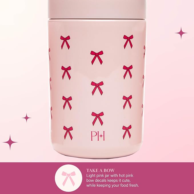 Paris Hilton Stainless Steel Food Jar, Double Wall Vacuum Sealed Insulated Food Storage Container with Carry Handle Lid, 16-Ounce, Pink with Bow Design