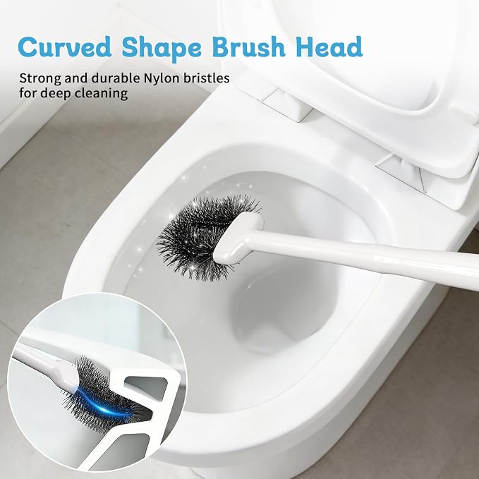Sellemer Toilet Brush and Plunger Set, Curved Head for Deep Cleaning, White | Brush and Plunger set, Curved Nylon Bristles for Deep Clean, Strong Suction Plunger, Ventilated Holder for Quickly Air Dry