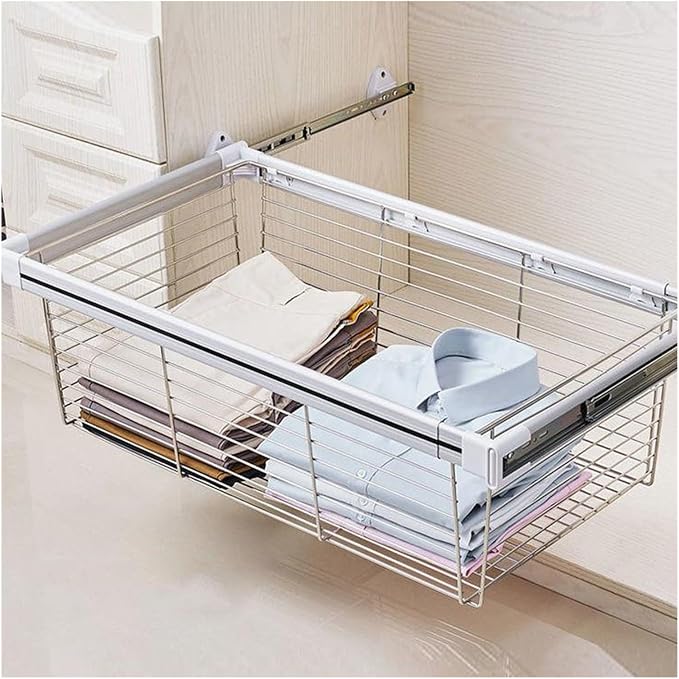 Pull Out Storage Basket with Runners,Metal Under Shelf Storage Basket,Stackable Storage Bins,Adjustable Width 370-970mm,40kg Weight Capacity(White,Width370-420mm)