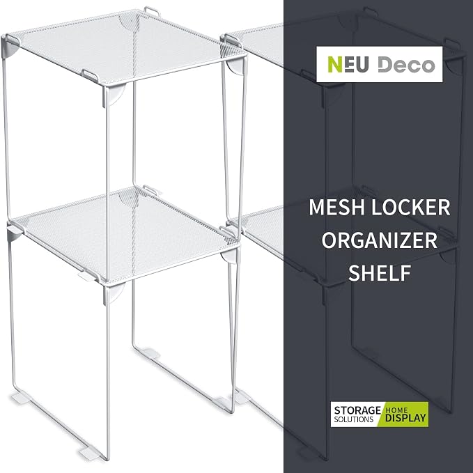 Neudeco Locker Shelf 2 Pack - Organizer for School Gym Office - White 12“ | Stackable, Extra Tall, Collapsible, Metal Mesh Build, Fits Standard Size