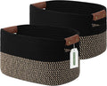 ECDYQXVU 15x10x9 Woven Cotton Rope Storage Basket, Leather Handles 2 Pack | Foldable Design, Sturdy PU Handles, Easy to Clean Organizer for Living Room, Closet, Shelves, Bedroom, Laundry, Clothes