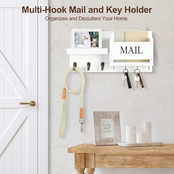 Lwenki Mail Organizer for Wall Mount – Key Holder with Shelf Includes Letter Holder and Hooks for Hallway Farmhouse Decor – Rustic Wood with Flush Mounting Hardware (16.5” x 9.1” x 3.4”) (White)