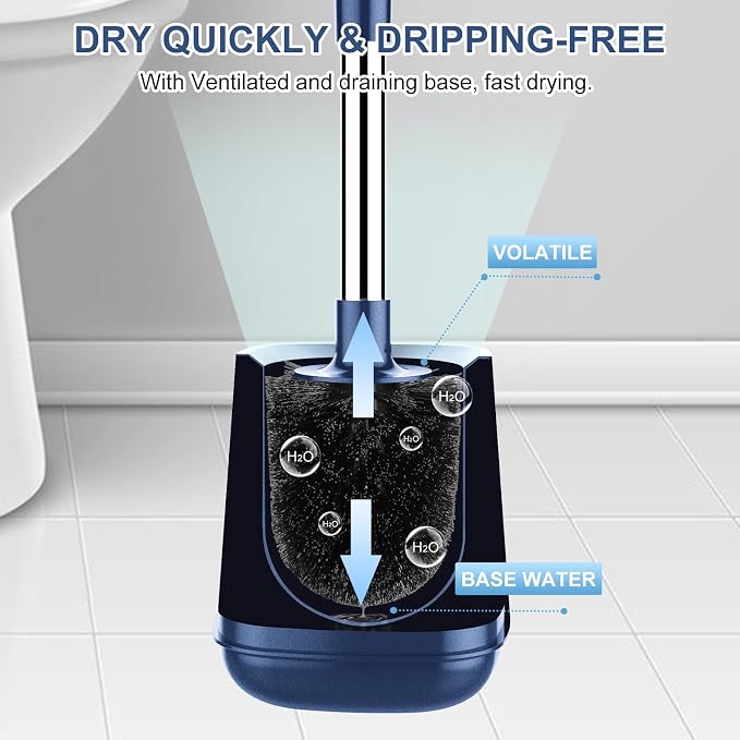SetSail Toilet Brush and Holder, Self Closing Lid Toilet Bowl Brushes Holder and Extra Long Handle Ventilated Toilet Brush Set for Bathroom Cleaning, Nylon Bristles, 2 Packs-Dark & Blue