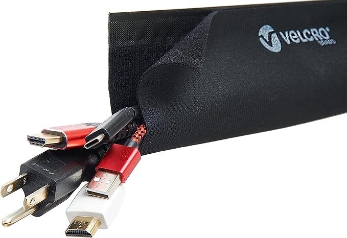 VELCRO Brand VEL-30797-USA Mountable Cable Sleeve | Cord Management Mounts on Walls, Desk or Entertainment Center | Removable Adhesive is Damage Free | 12in Black, 2pk, 12in-2Pk
