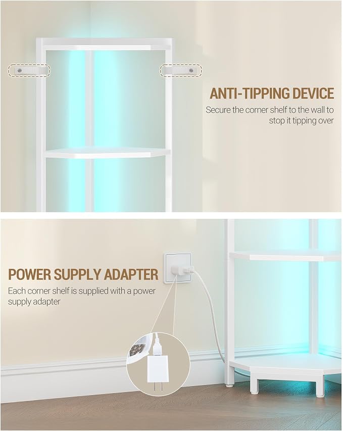 Hzuaneri Corner Shelf with LED Light 6 Tier Corner Bookshelf Standing Shelf | Tall Narrow Display Bookcase with Metal Frame for Small Space, Living Room, Home Office, Bedroom, White CS66613W
