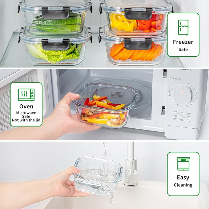 4Pack 27 oz Glass Meal Prep Containers wtih Lids | Glass lunch containers, Snap Containers, Leekproof, Microwave, Oven, Freezer and Dishwasher, BPA Free
