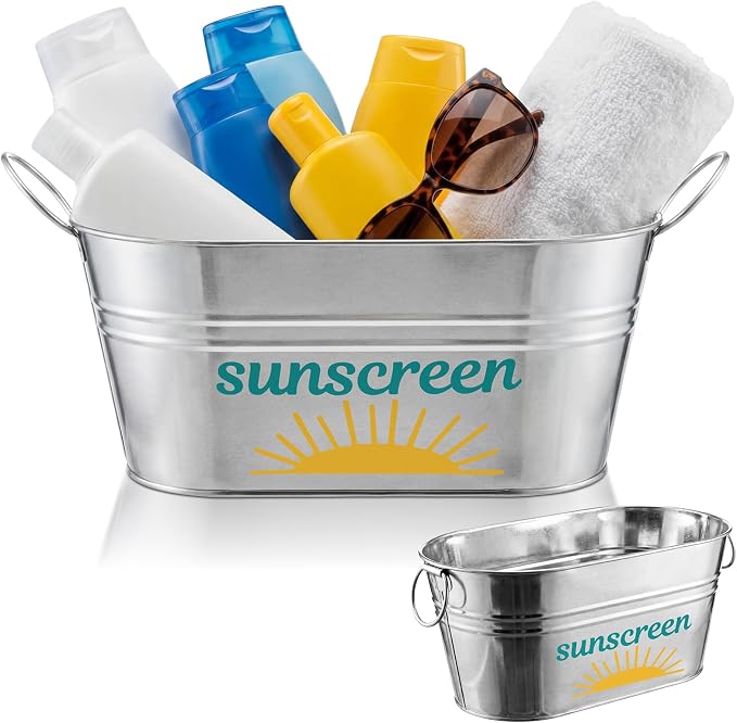 Blulu Sunscreen Pool Storage Bucket Metal Poolside Basket Above Ground Pool Bin Summer Basket Outdoor Storage for Swimming Camping Beach Indoor Outdoor Sunscreen Sunblock Decor Accessories(Silver)