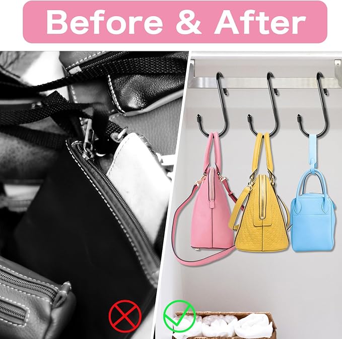 12 Pack Heavy Duty Twist Design Purse Hanger for Closet - Anti-Slip Vinyl Coated Metal 4 inch Large S Hooks, Multipurpose Organizer for Purses, Handbags, Belts, Scarves, Hats, Black