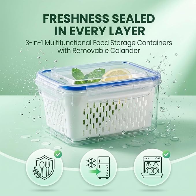 Fruit Storage Containers for Fridge with Removable Colander, Airtight Produce Storage Containers with Lids, Fridge Organizers and Storage for Berry, Fruit, Vegetables, Salad & Meal Prep (Gray, L)
